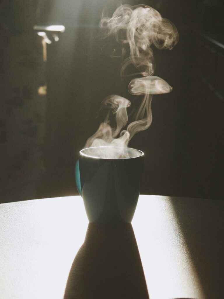 Steam comes out of a coffee cup