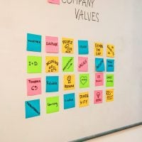 Sticky notes with various labels (e.g. diversity) are on a wall, headed "Company Values"